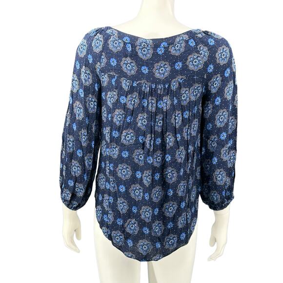 Maeve Anthropologie Top Womens 2 Blue Boswell Dark Floral V-Neck Peasant Boho - Picture 5 of 9